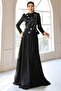 Stone Embroidered Satin Yoryo Silk Combination Hijab Evening Dress Black 1055