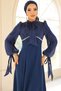 Yoryo Silk Crepe Combination Hijab Evening Dress with Lace and Pearl Detail K. Indigo 1685 - 4