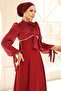 Yoryo Silk Crepe Combination Hijab Evening Dress with Lace and Pearl Detailing Bordo 1685 - 6