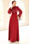 Yoryo Silk Crepe Combination Hijab Evening Dress with Lace and Pearl Detailing Bordo 1685