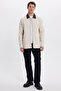 Men's Relax Fit Comfortable Cut Gabardine Straight Zippered Kangaroo Pocket Contrast Collar Beige Shirt Jacket - 5