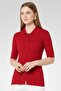 Women Spread Collar Short Sleeve Knitted Polo Shirt, Red - 2