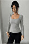 Women's Square Neck Long Sleeve Blouse-Body Gray Melange - 3
