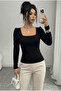 Women's Balloon Sleeve Square Neck Ribbed Stretch Fabric Black Blouse - 2
