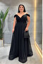 Silvery Fabric Boat Neck Evening Dress - Black - 2