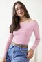 Women's Pastel Pink Boat Neck Long Sleeve Ribbed Knit Blouse - 7