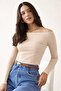Women's Boat Neck Beige Ribbed Knit Blouse - 6