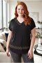 Women's Plus Size Collar and Skirt Leopard Stone Detail Black-Brown Blouse - 3