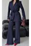 Women's Rose Detailed Sleeves Design Jacket and Trousers Set Navy Blue - 4