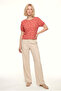 Women's Crew Neck Short Sleeve Patterned Red Crinkle Crop Top Carmen - 2
