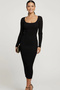 Women's Black U-Neck Long Sleeve Sandy Fabric Maxi Dress with Slit on the Back - 4