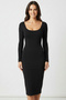 Women's Black U-Neck Long Sleeve Sandy Fabric Maxi Dress with Slit on the Back