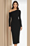Women's Black One-Shoulder Long Sleeve Sandy Fabric Midi Dress