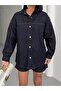 Women's Navy Blue Denim Shirt Jacket & Shorts Set – Oversize Comfortable Fit - 3