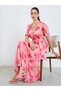 Women Pink Floral Chiffon Puff Sleeve Maxi Dress