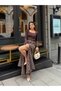 Women's Brown Plaid Belted Slit Long Skirt - 4