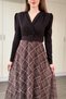 Padded Plaid Skirt Belted Midi Brown Dress - 5