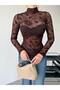 Women's Stand Collar Transparent Flocked Shawl Pattern Printed Tulle Blouse - 3