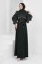 Black Balloon Sleeve Evening Dress with Stone Detail