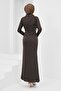 Brown Draped Front Stoned Satin Evening Dress - 4