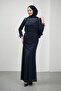 Navy Blue Draped Front Evening Dress with Stones - 3