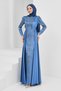 Indigo Satin Evening Dress with Stones on the Front