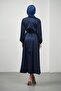 Navy Blue Floral Belted Stoned Satin Evening Dress - 5