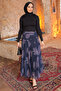 Navy Blue Patterned Chiffon Skirt with Drawstring Detail at the Waist and Lining Inside - 2