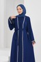 Cobalt Blue Belted Abaya with Feathered Sleeves and Stone Detail - 2