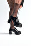 Black Patent Leather Block Heel Heeled Shoes P9092