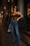 Women's Stone-Embellished Trend Dark Blue High-Waisted Palazzo Design Jeans - 5