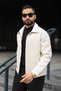 Self-Striped Jacket with Velvet Detailing on the Collar