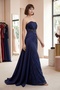 Women's Navy Blue Strapless Collar Lace Detail Long Evening Dress - 5