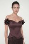 Women's Brown Boat Neck Floral Detail Long Rhinestone Evening Dress - 3