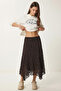Lace Detailed Asymmetrical Midi Skirt Lzv0049 Brown - 3