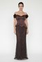 Women's Brown Boat Neck Floral Detail Long Rhinestone Evening Dress