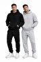 Men's Black-Grey 2-Piece Set Hooded Tracksuit Set Winter Kangaroo Pocket Cotton Lining