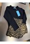 Girl's Leopard Pattern Shorts Skirt Black Long Sleeve Bodysuit - 3