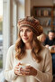 Knitted Bohemian Motif Coffee Color Gradient & Shimmering Painter's Beret Hat