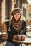 Knitted Bohemian Brown, Sparkly Neck Collar & Painter's Beret & Fingerless Gloves Set - 2