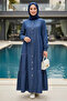 Women's Buttoned Lace Detailed Dark Blue Denim Dress