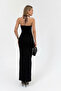 Women's Black Long Dress with Collar and Moon Accessories - 4