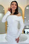 Women's Madonna Collar Beaded Embroidered Long Sleeve Fish Evening Dress Red, Black, Navy Blue, White - 2