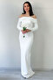 Women's Madonna Collar Beaded Embroidered Long Sleeve Fish Evening Dress Red, Black, Navy Blue, White - 5