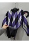Baklava Patterned Thick Slit Fleece Oversized Crew Neck Striped Sweater - 6