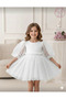 Girl's White Balloon Sleeve Tulle Skirt Dress, Girl's Evening Dress - 2