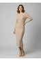 Women's Camisole Shirred Stretch Fabric Crew Neck Long Sleeve Slit Midi Dress