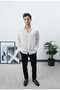 Men's White Oversize Relaxed Fit Textured Line Patterned Premium Summer Long Sleeve Modal Shirt - 4