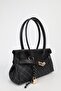 Women's Monogram Black Leather Belted Charm Detailed Covered Hand and Shoulder Bag 16X30 cm Pera - 4