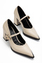 Gold Buckle Black Leather Heeled Women's Shoes Beige - 2